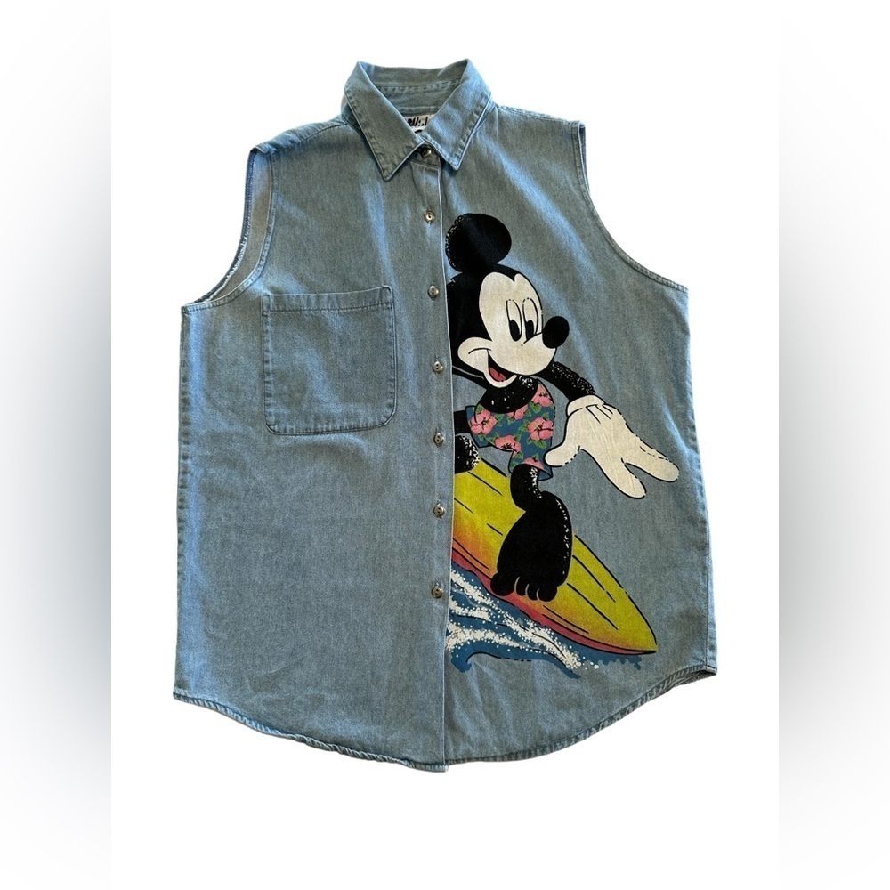 Vintage Jerry Leigh 90's Mickey Mouse Denim Button Blouse Sleeveless Top Medium - Picture 13 of 16